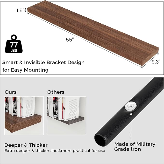 Floating Shelves for Wall, Engineered Wood Wall Shelves with Invisible Brackets for Living Room Bedroom Bathroom Office Kitchen Decor and Storage (Walnut, 55" W x 9" D x 1.5" H) Set of 1