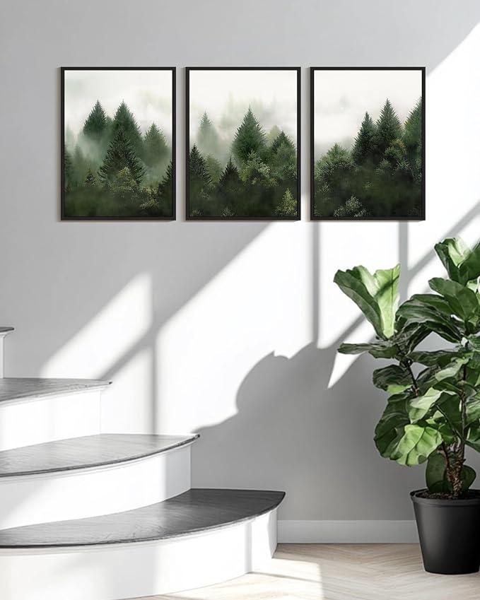 KUVIOKE Morden Green Fog Pine Tree Framed Canvas Wall Art Nature Nordic Forests Artwork Painting Bedroom Decor 12x16in (Black Framed)