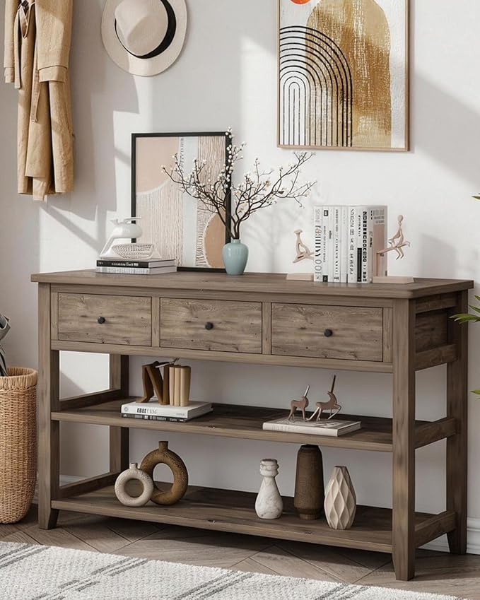 Karl home Console Table with 3 Drawers, 47" Farmhouse Wash Grey Entryway Sofa Table with Silent Slide Rails & Anti-Fall Guardrails for Hallway, Living Room, Foyer, Office