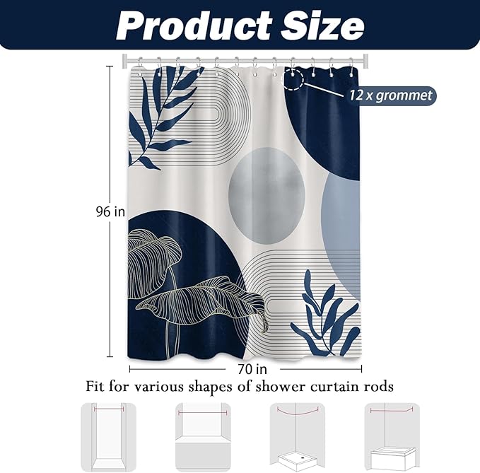 Navy Blue and White Shower Curtain Mid Century Modern Dark Blue Boho Shower Curtains for Bathroom Decor MCM Mens Cool Bath Curtain Sett, Waterproof Fabric with Hooks 70 x 96 Inch