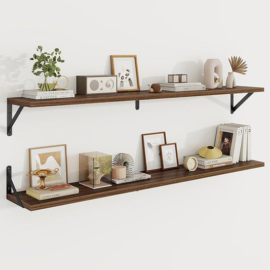 Floating Shelves, 8 Inch Deep Rustic Wood Wall Storage, 48W x 8D Wall Shelves Set of 2, Heavy Duty Metal Brackets, Industrial Book Shelf for Living Room, Kitchen, Bathroom, Bedroom, Walnut
