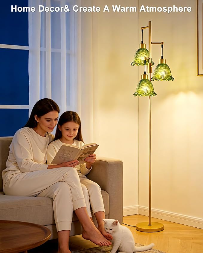 3-Light Modern Glass Floor Lamp, Gold Standing Tall Lamp with Green Glass Shade for Reading, Dimmable LED Floor Lamp with 5Lbs Heavy Base for Living Room Bedroom Home Decor, Bulb Included