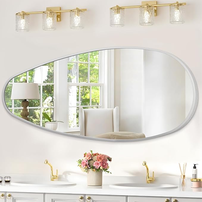 JJUUYOU Irregular Metal Frame Wall Mirror Asymmetrical Bathroom Mirror 39" X 18" Modern Horizontal or Vertical Wall Mounted Mirrors for Bedroom Living Room Bedroom Entryway Dorm,Silver