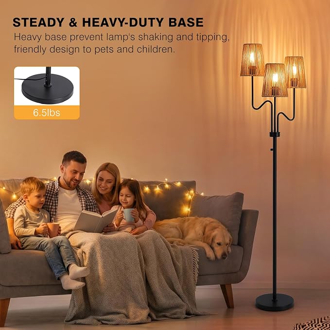 9MMML Farmhouse Boho Dimmable Floor Lamp with Rattan Shade, 68'' Tall Floor Standing Lamp, 3-Light Floor Lamp for Living Room, Bedroom, Office, Corner, 3 x E26 LED Bulb Included