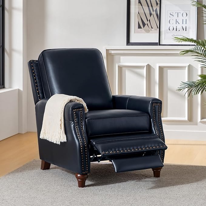 HULALA HOME Genuine Leather Recliner Chair, Classic Push Back Recliner Armchair with Thick Seat and Backrest (Navy)