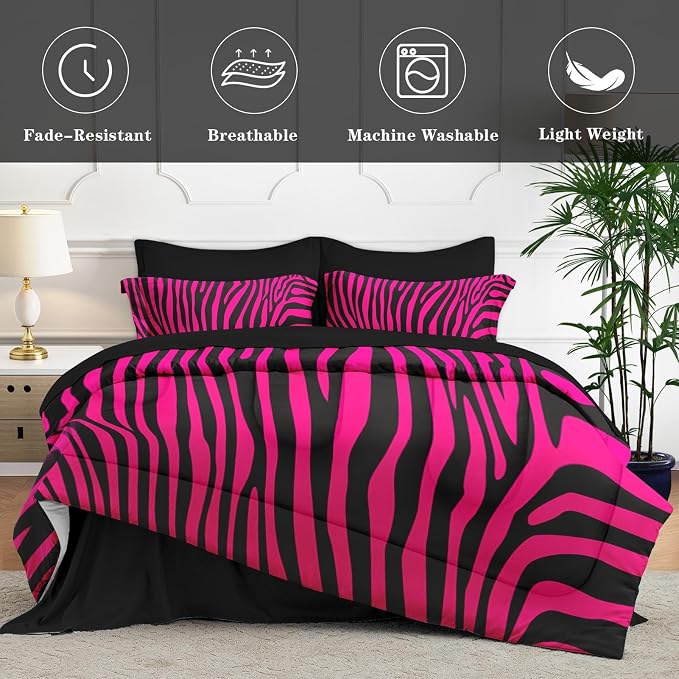 7Pcs Comforter Set Full Size, Hot Pink Zebra Print Line Abstract, Bedding Decor Wildlife Black Striped Animal Jungle Bedroom Bed Set Flat Sheet Fitted Sheet Pillowcases Shams for Kids Adults