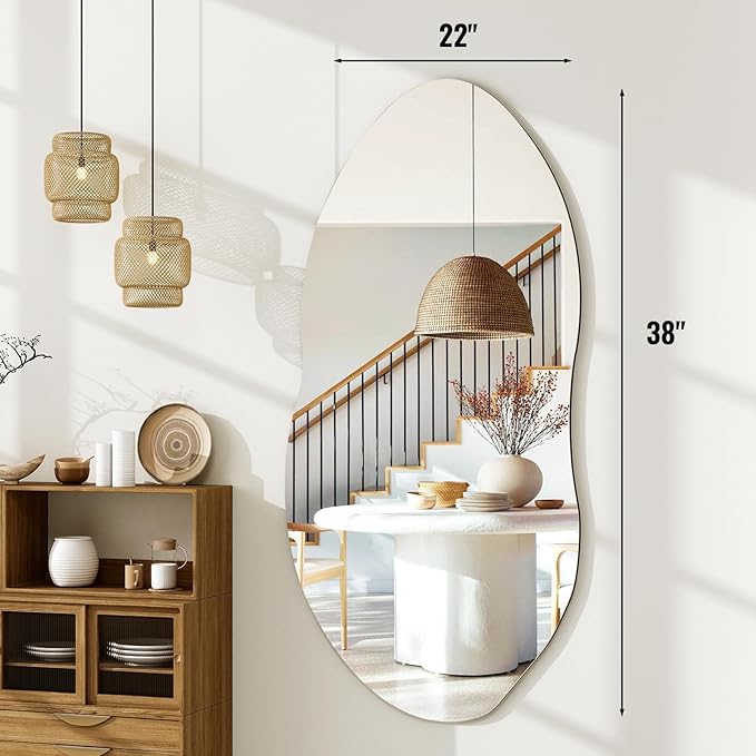 Irregular Wall Mirror, 38 x 22 Inch Asymmetrical Frameless Mirror for Bathroom, Living Room, Bedroom, Modern Abstract Vanity Mirror with Shatter-Proof Glass