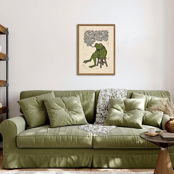 Funny Bandana Frog Wall Art Vintage Japanese Frog Bar Wall Decor Painting, Quirky Animal Poster Canvas Print Picture for Living Room Bedroom 16x24 inch Wood Framed