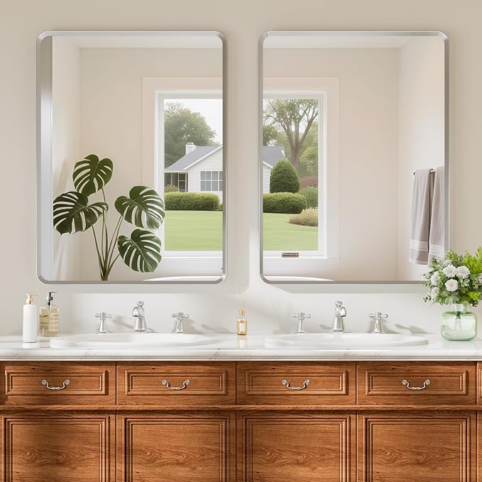 24x36 inch Brushed Nickel Bathroom Mirror, Silver Metal Framed Rounded Rectangle Wall Mount Vanity Mirror, HD Tempered Glass, Aluminum Frame, Horizontal or Vertical Hanging, Modern Home Decor