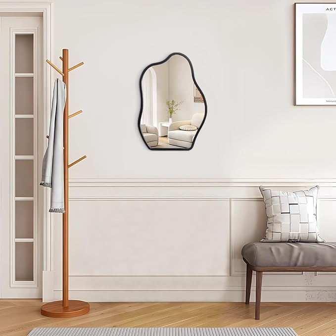 Asymmetrical Wall Mirror with Wood Frame Irregular Modern Hanging Mirror for Wall for Vanity Living Room Bedroom Bathroom Entryway Hallway Modern Unique Decorative Artistic Mirror