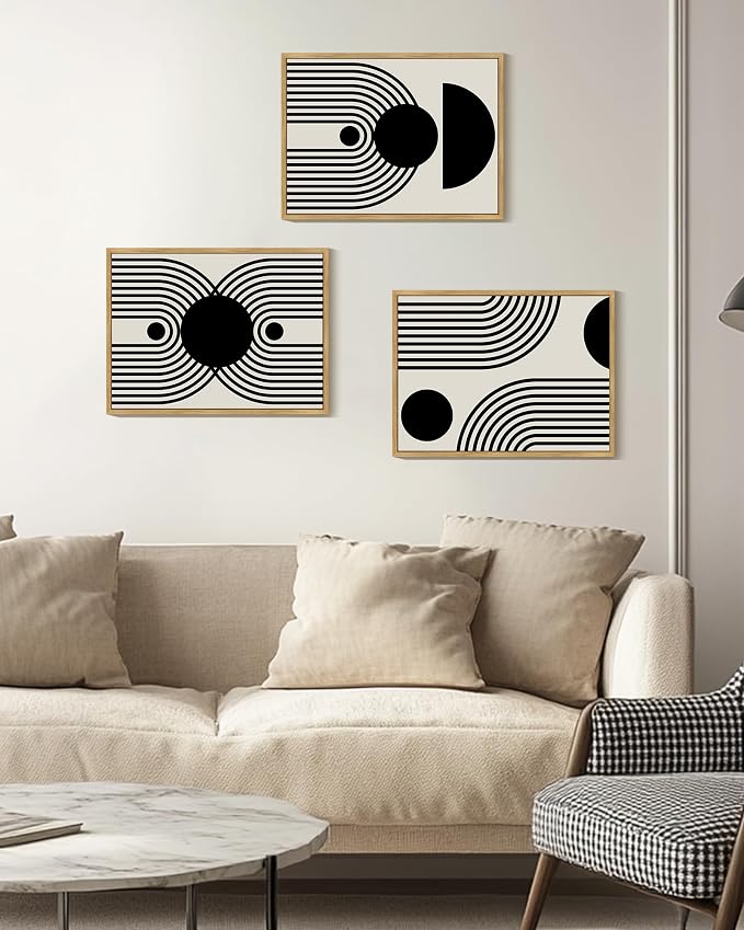 Drsoum Black Abstract Boho Wall Art Framed Modern Bohemian Wall Decor Geometry Lines Prints Ready to Hang 12x16in Natural Framed