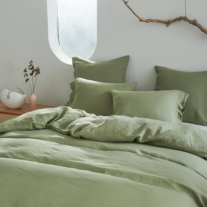 Simple&Opulence 100% Linen Duvet Cover Set 3pcs with Coconut Button Closure Natural French Washed Flax Solid Color Soft Breathable Farmhouse Bedding - Sage Green, Full Size