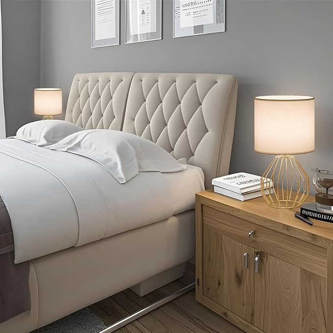Small Gold Table Lamps, Set of 2 Bedside Nightstand Lamps with White Fabric Shade, Metal Base, Hollow Geometric Desk Lamps for Bedroom, Living Room, Office