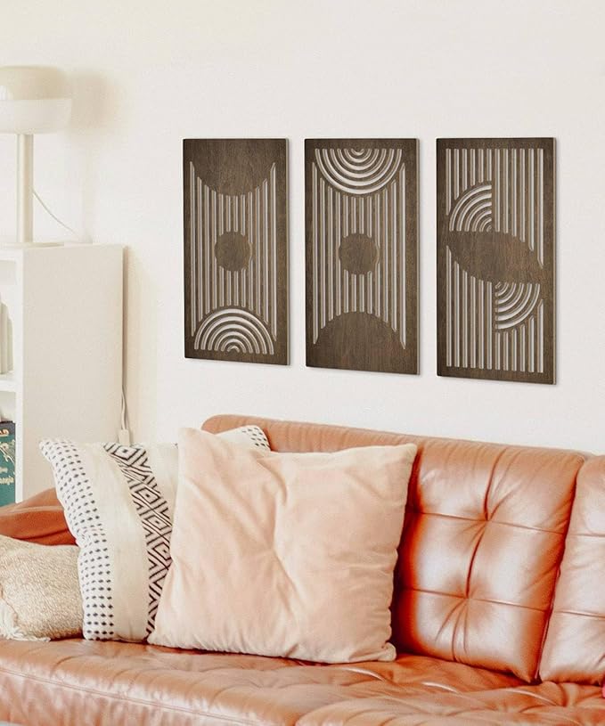 Putuo Decor Geometric Wood Wall Art Set of 3 Modern Mid-Century Modern Aesthetic Wall Decor Modern Wooden Wall Sculptures for Living Room Office Hallway Brown Line Art Decor