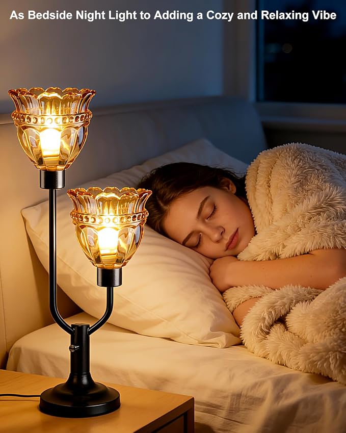 Lightdot Vintage Table Lamp for Living Room Dimmable Mid Century Modern Black Desk Lamp Amber Glass Nightstand Lamp 2 Bulbs Included Warmwhite Ambient Bedside Lamps for Bedroom Home Office Decor Gift