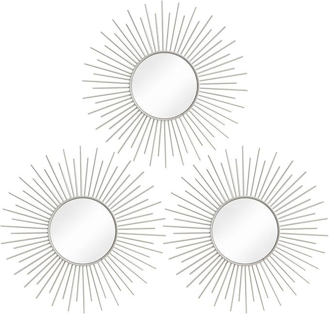 3 Pack Metal Mirrors for Wall Sunburst Wall Mirrors Home Décor Decorative Hanging Wall Art for Living Room Bedroom Entryway (White, Sunburst)