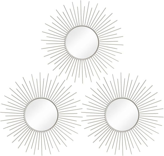 3 Pack Metal Mirrors for Wall Sunburst Wall Mirrors Home Décor Decorative Hanging Wall Art for Living Room Bedroom Entryway (White, Sunburst)