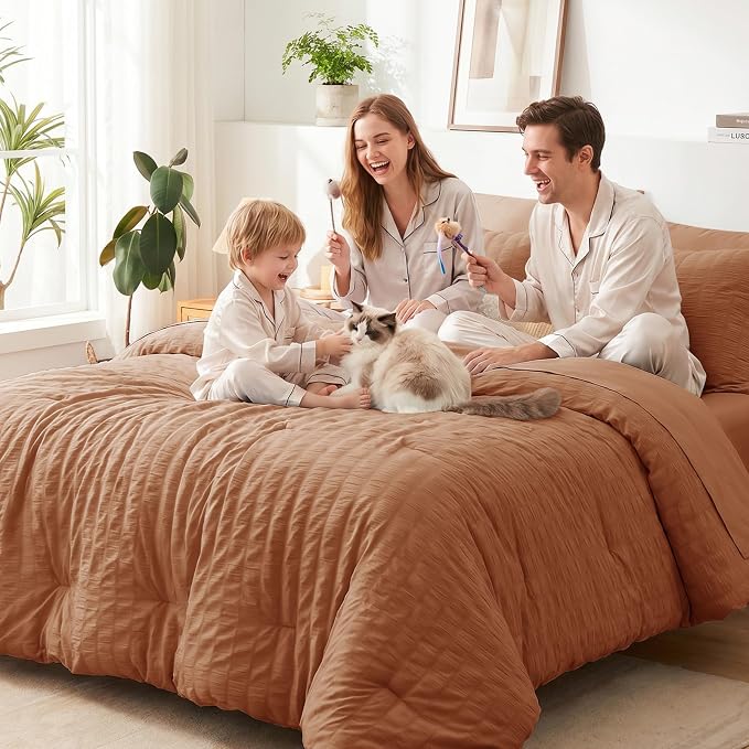 CozyLux Queen Comforter Set Pumpkin, 7 Pieces Seersucker Textured Luxury Bed in a Bag Queen, All Seasons Soft Bedding Sets with Down Alternative Comforter, Sheets, Pillowcases & Shams, Home Gift