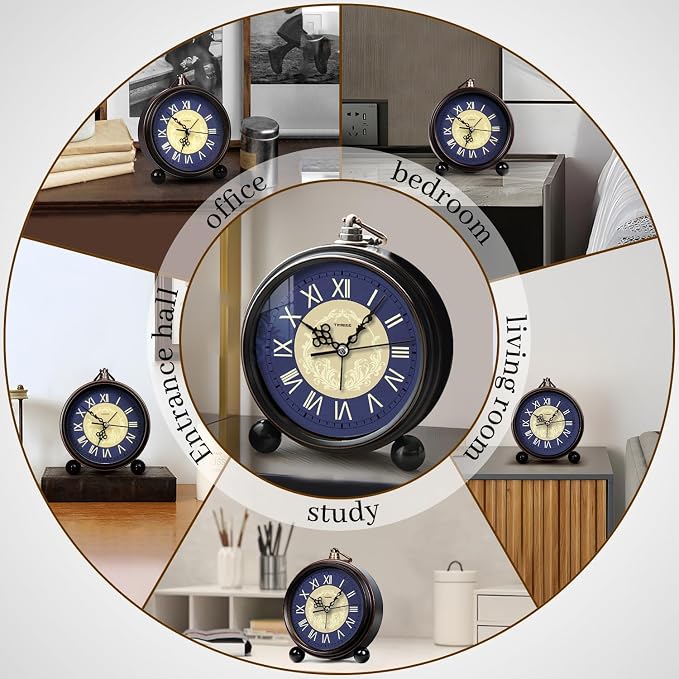TIMESS Vintage Analog Alarm Clock, 4.3" Silent Non-Ticking Quartz Desk Clock with Roman Numerals, Battery Operated Table Clock for Bedroom, Living Room, Office, or Gift (Blue)
