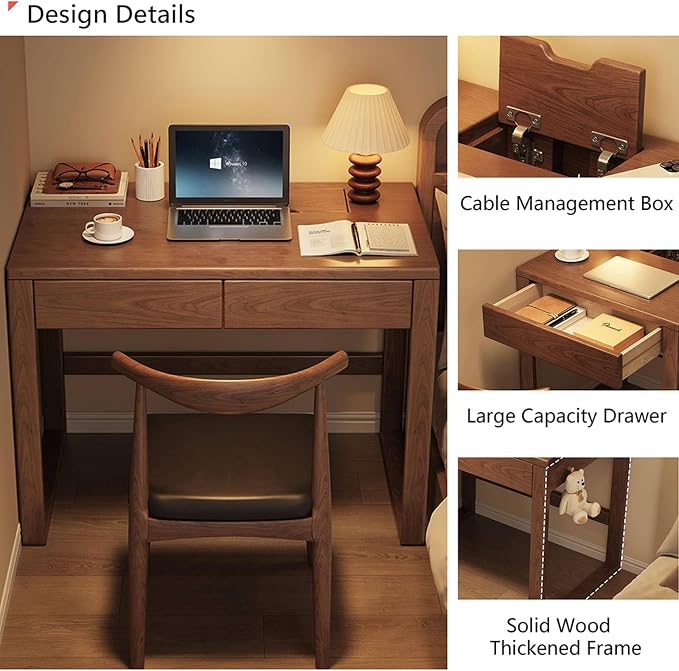 2-Drawer Writing Desk, Mid Century Modern Desk with Cable Management Box, Small Wooden Vintage Computer Desk, Study Table for Home Office(80x55x75cm, White)