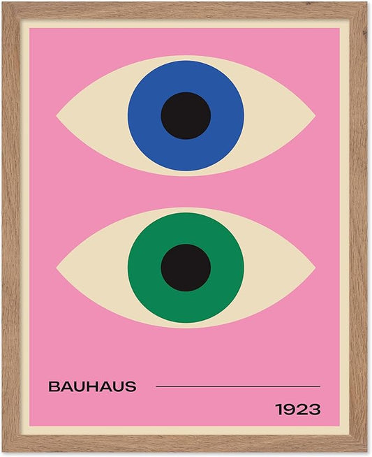 Poster Master Bauhaus Poster - Eyes Print - Abstract Circles ART - Graphic Design ART - Geometric Style - Chic Boho - Mid Century Modern - Living Room or Bedroom Decor - 16x20 Beige Framed