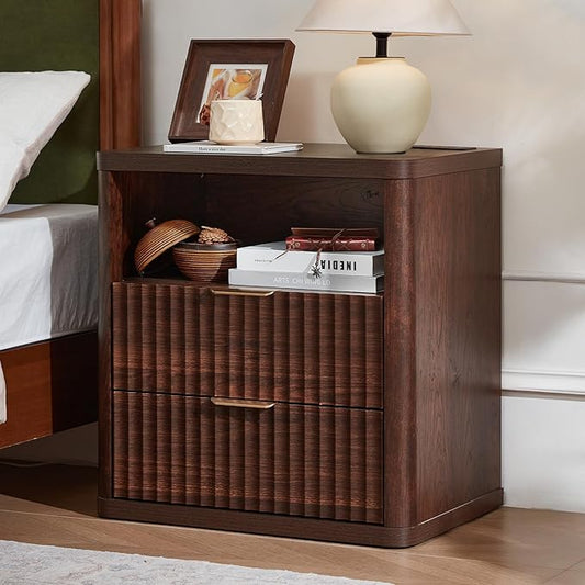 LEYAOYAO Fluted Nightstand with Charging Station, 23" Wide 2 Drawers Night Stand,Walnut End Table with Open Storage,Farmhouse Bed Side Tables, Wood Dresser for Bedroom, Living Room, Closet