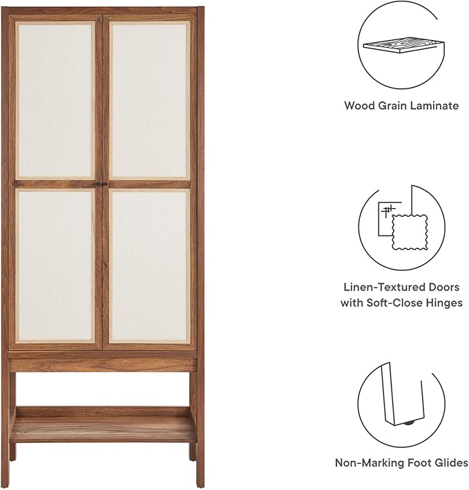 Modway Capri Mid-Century Modern Tall Standing Storage Cabinet in Walnut, Freestanding Cabinet with Doors for Living Room, Dining Room, Craft Area, Entryway and Hallway
