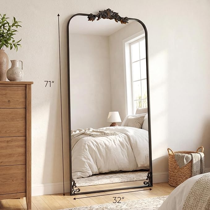 Antok Arched Full Length Mirror, 32"x71" Floor Mirror with Carved, Full Body Mirrors for HomeDecor, Large Wall Mirror with Corner Flower for Bedroom, Living Room, Bronze, Luxury Style