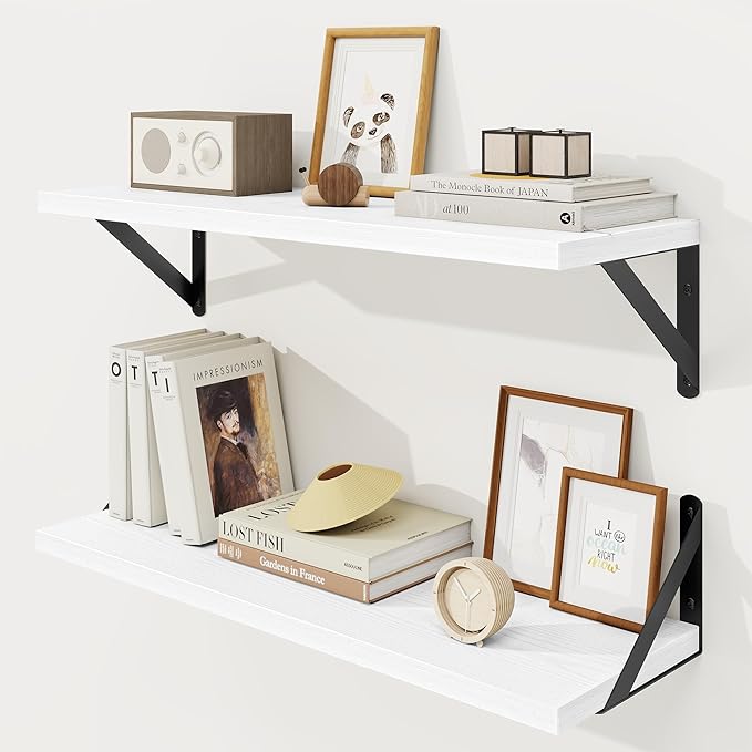Floating Shelves, 8 Inch Deep Rustic Wood Wall Storage, 24W x 8D Wall Shelves Set of 2, Heavy Duty Metal Brackets, Industrial Book Shelf for Living Room, Kitchen, Bathroom, Bedroom, White