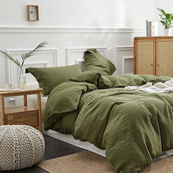 Simple&Opulence 100% Linen Duvet Cover Set, Natural French Flax Olive Green Duvet Cover Twin Size, Breathable Soft Comfy Linen Bedding Comforter Cover with 1 Pillowcase(Olive Green, 68"x86")
