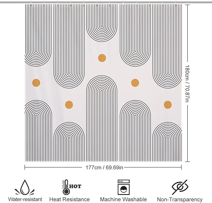 Boho Mid Century Shower Curtain, Minimalist Abstract Arch Sun Modern Bathroom Curtain Polyester Waterproof Fabric Decor 72x72in（183x183cm）