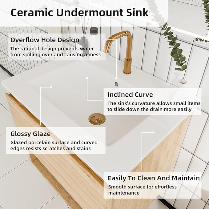 24 inch 3D Carved Bathroom Vanity with Open Compartment, Floating Cabinet with Soft-Close Drawer,with Ceramic Basin,Single Shelve,Mid Century Modern,Triamine Finish (Yellow Oak/White Sink)