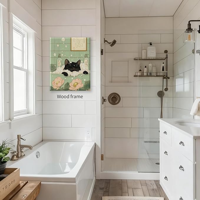 Black Cat in Bathtub Poster Vintage Japanese Bathroom Wall Art 12X16 inch Framed Funny Cute Animal Canvas Prints for Bedroom Restroom Toilet Wall Decor