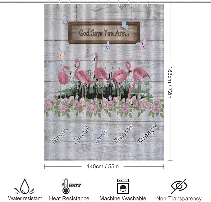 Flamingo Shower Curtain,Summer Beach Tropical Leaves Butterflys Floral with Inspirational Quotes Waterproof Shower Curtains for Bathroom Decor 12 Pack Hooks 55x72in（140x183cm）
