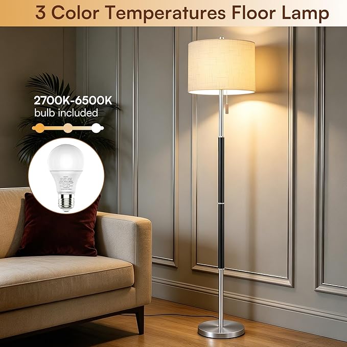 62" Mid Century Modern Floor Lamp, Black Standing Lamp with 3-Color Temperature and Pull Chain, Weighted Anti-Tip Base for Safety, Floor Lamps for Living Room Bedroom Corner (6500K Bulb Included)