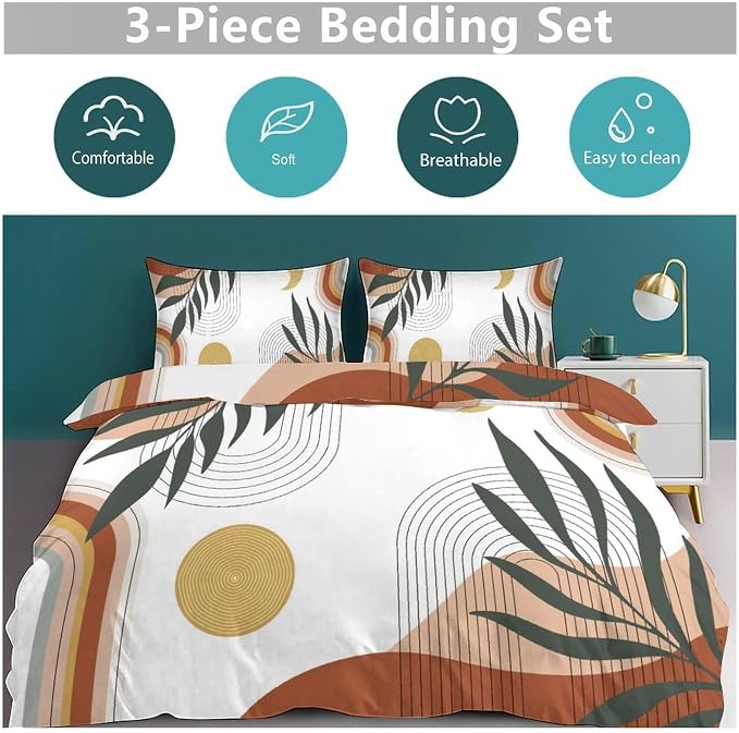 Boho Leaf Bedding Set,Mid Century Palm Tropical Leaf Abstract Geometric Modern Minimalism Comforter Set with Pillowcase for Bedroom Bed Decor,Queen 90"x90"