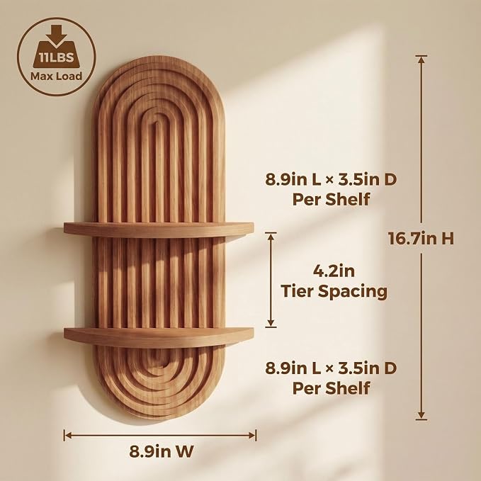 Boho Wall Decor Brown Hanging Shelves, 16.7in Walnut Floating Plant Shelf for Wall, 2 Tier mid Century wall Shelf for Home Bathroom Bedroom Living Room Office Holding Planter