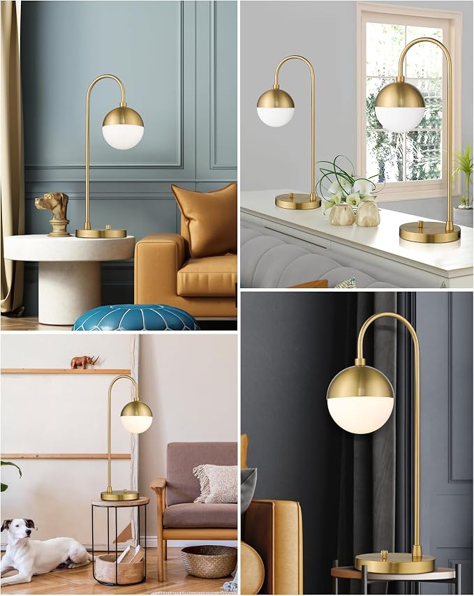LMS Modern Gold Table Lamp with White Glass Globe, Gold Desk Light Bedside Lamp with Brushed Brass Finished for Living Room Office Nightstand, Dimmable Switch