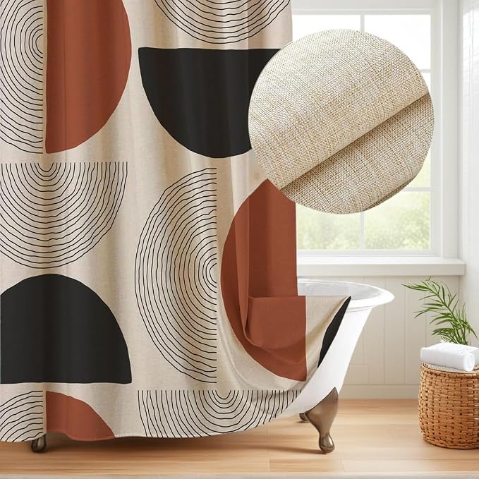 Boho Minimalistic Linen Shower Curtain Abstract Geometric Shapes Lines Fabric Shower Curtain Set with Hooks, Mid Century Modern Shower Curtains for Bathroom, 60x71 Bath Curtain