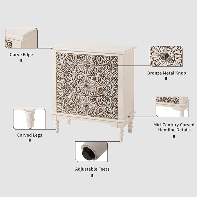 HOMPUS Farmhouse 3-Drawer Dresser with Flower Pattern, Night Stand with 3 Storage Drawers, Fully Assembled Nightstand for Boho, Accent End Table, Chest of Drawers for Entryway, Bedroom, Distress White