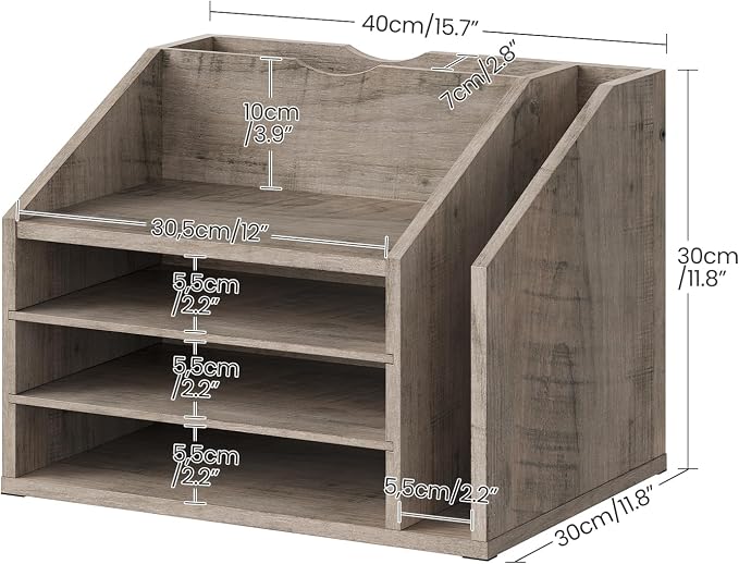 CHOEZON Wooden Desk Organizer with Adjustable Partitions, Multi-Layer Desktop File Holder for Home Office, Paper & Stationery Storage Organizer, Greige MWJ04FH