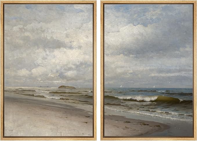 IDEA4WALL Framed Canvas Print Wall Art Set Coastal Beach Scene Classic Ocean View Illustrations Modern Art Decorative Coastal Cottage Seascape for Bedroom - 24"x36"x2 NATURAL