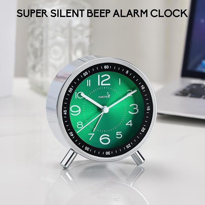 FLOITTUY Super Silent Metal Alarm Clock,Beep Wake Round Alarm Clock with Strip Night Light,Battery Operated,Easy Set,Simple & Retro for Desk, Bedroom and Home Decoration(Emerald Green)