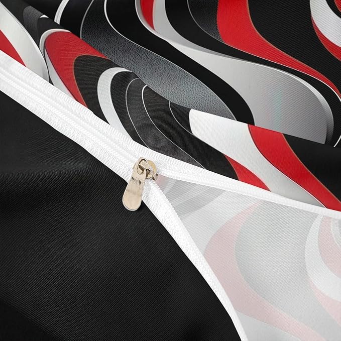 Erosebridal Geometric Wavy Lines Duvet Cover Twin for Kids Boys Girls,Minimalist Abstract Art Comforter Cover,Modern Aesthetic Bedding Set,Red Grey Black Bed Set with 1 Pillowcase Bedroom Decor