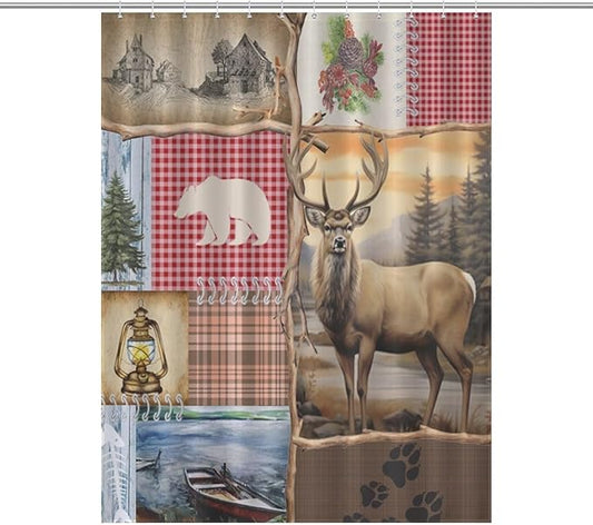 Retro Bear Rustic Shower Curtain, Farmhouse Country Antique Moose Bear Forest Vintage Wood Hunting Camping Waterproof Shower Curtains for Bathroom Decor 12 Pack Hooks 55x72in（140x183cm）