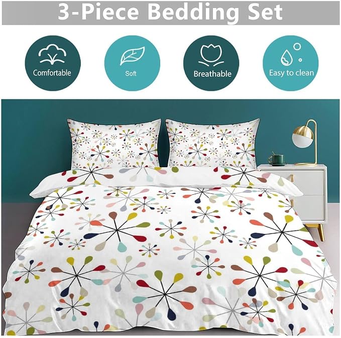 Mid Century Bedding Set,Modern Geometric Atomic Abstract Iconic Pattern 1950s 1960s Retro Style Comforter Set with Pillowcase for Bedroom Bed Decor,Queen 90"x90"
