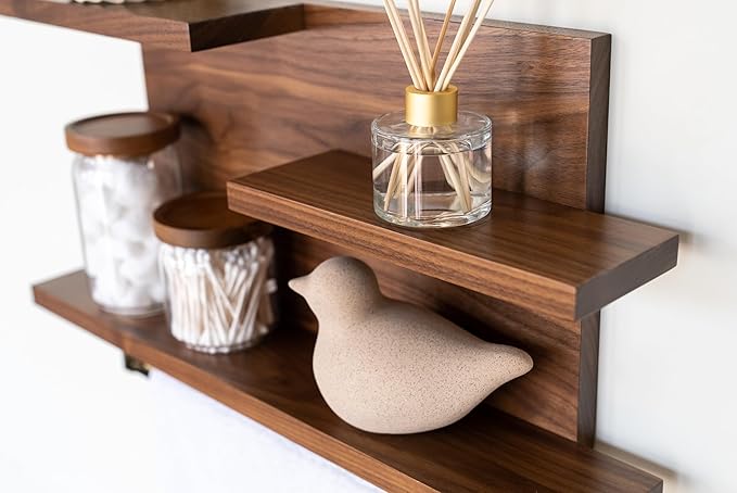 Straga Rustic Wall Mounted Bathroom Shelves - 23" Solid Walnut Hardwood Shelf Organizers with a Choice of 18" Towels Holder - A Modern Addition to Your Bathroom, Powder Room, Housewarming Gift