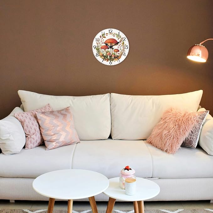 peacoblue Wall Clocks Battery Operated 12 Inch Mushroom Forest Glass Round Wall Clock Non Ticking for Kitchen Living Room Dining Room Bedroom and Bathroom Decor Accessories (Battery not Included)