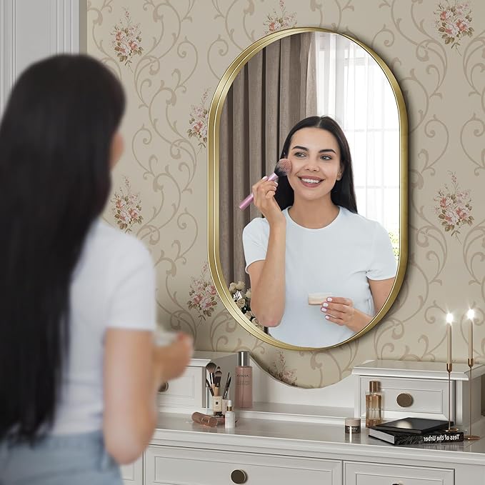Brightify Gold Oval Mirror for Bathroom Vanity 20x30 Inch, Gold Metal Frame Mirrors for Wall, Modern Mirror for Bedroom Living Room Wall Decorative Hang Vertical and Horizontal