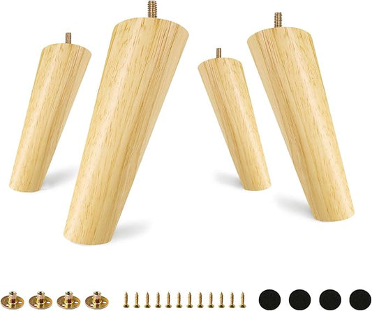 FoDau770 Rubber Wood Furniture Legs 6 Inches, Slant Tapered Wood Feet Mid Century Sofa Legs Set of 4, 5/16" UNC Furniture Feet Replacement Parts for Cabinet Couch Dresser Chair Ottoman Table
